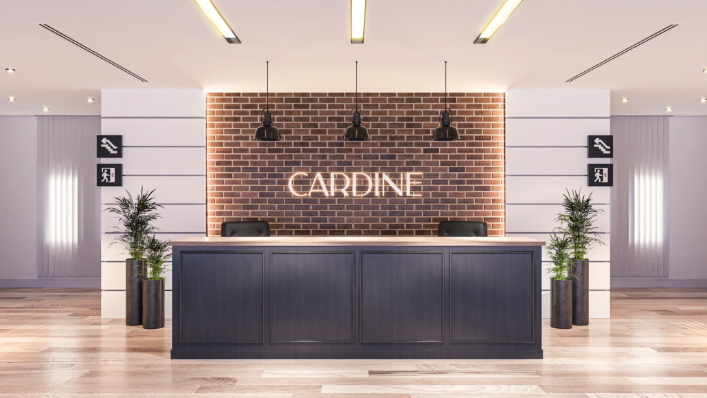 Hall de acceso de la torre en Torres Cardine, con diseño moderno y detalles de calidad